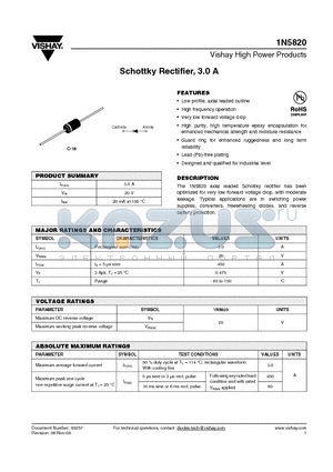 1N5820TR datasheet - Schottky Rectifier, 3.0 A