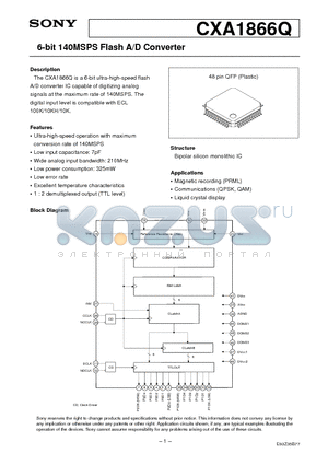 CXA1866Q datasheet - 6-bit 140MSPS Flash A/D Converter
