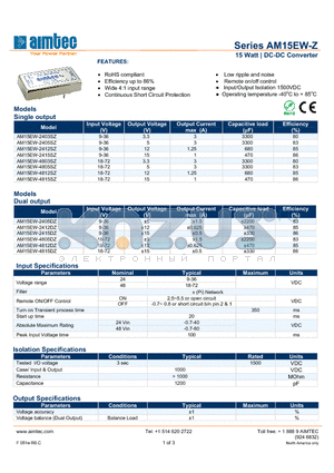 AM15EW-4805DZ datasheet - 15 Watt | DC-DC Converter