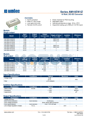 AM15EW-4805SIZ datasheet - 15 Watt | DC-DC Converter