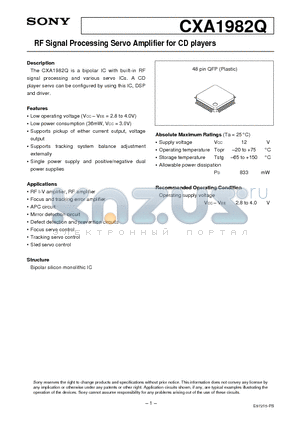 CXA1982Q datasheet - RF Signal Processing Servo Amplifier for CD players