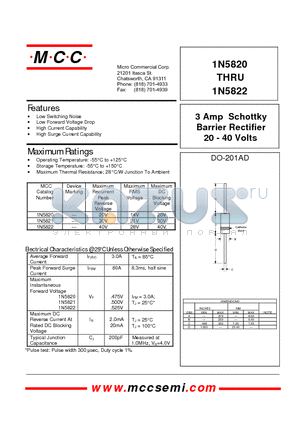1N5821 datasheet - 3 Amp Schottky Barrier Rectifier 20 - 40 Volts