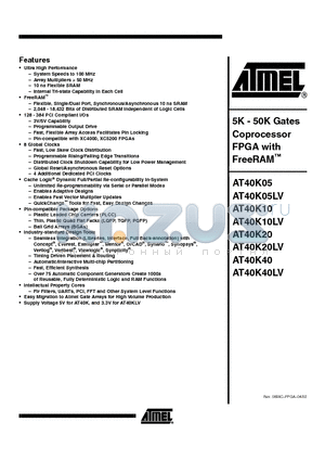 AT40K05-2AJC datasheet - 5K - 50K Gates Coprocessor FPGA with FreeRAM