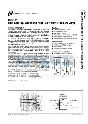 CLC401 datasheet - Fast Settling, Wideband High-Gain Monolithic Op Amp