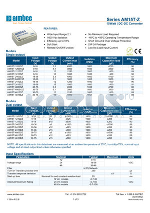 AM15T-4812SZ datasheet - 15Watt | DC-DC Converter