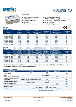 AM15TW-48051SZ datasheet - 15 Watt | DC-DC Converter