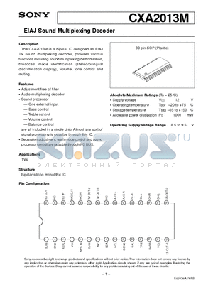 CXA2013 datasheet - EIAJ Sound Multiplexing Decoder