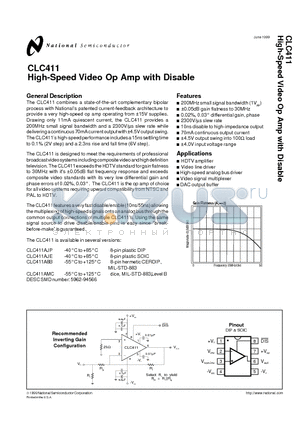 CLC411 datasheet - High-Speed Video Op Amp with Disable