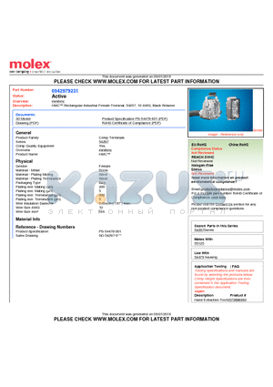 54297-9231 datasheet - HMC Rectangular Industrial Female Terminal, 54297, 10 AWG, Black Retainer