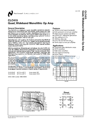 CLC415AJP datasheet - Quad, Wideband Monolithic Op Amp