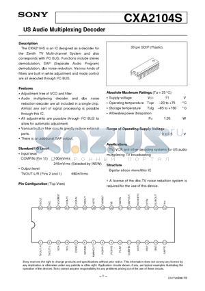 CXA2104S datasheet - US Audio Multiplexing Decoder