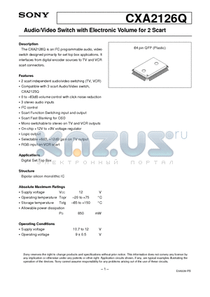 CXA2126Q datasheet - Audio/Video Switch with Electronic Volume for 2 Scart