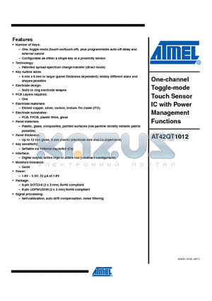 AT42QT1012-TSHR datasheet - One-channel Toggle-mode Touch Sensor IC with Power Management Functions