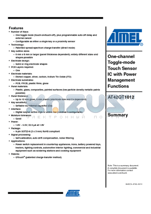 AT42QT1012 datasheet - One-channel Toggle-mode Touch SensorIC with Power Management Functions