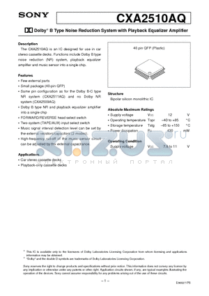 CXA2510AQ datasheet - Dolby B Type Noise Reduction System with Playback Equalizer Amplifier