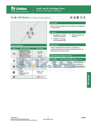 0235005.HXE- datasheet - 235 Series, 5 x 20 mm, Fast-Acting Fuse