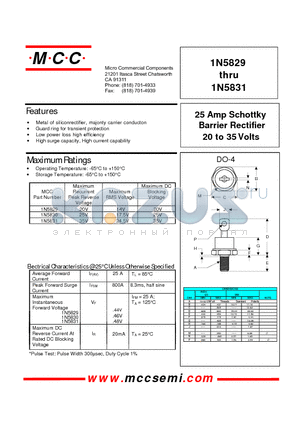 1N5829 datasheet - 25 Amp Schottky Barrier Rectifier 20 to 35 Volts