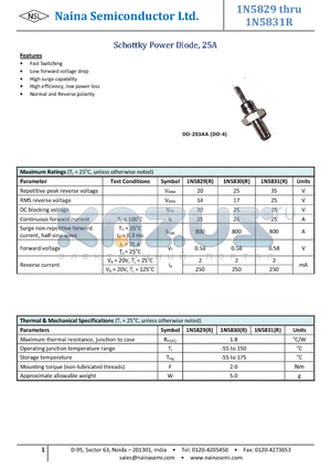 1N5830 datasheet - Schottky Power Diode, 25A