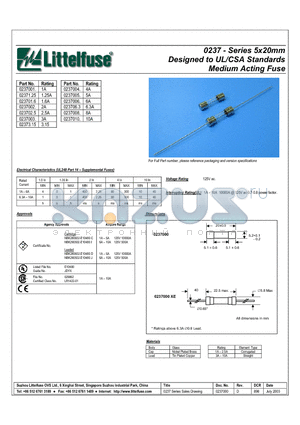 0237006.M- datasheet - 0237 - Series 5x20mm Designed to UL/CSA Standards Medium Acting Fuse