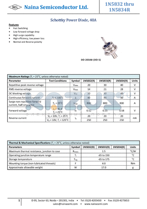 1N5834R datasheet - Schottky Power Diode, 40A