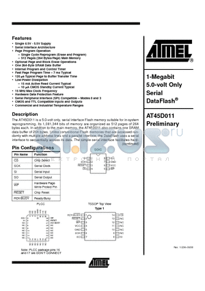 AT45D011-JI datasheet - 1-Megabit 5.0-volt Only Serial DataFlash