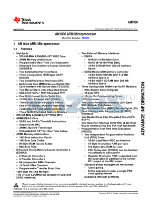 AM1808BZWTD4 datasheet - AM1808 ARM Microprocessor