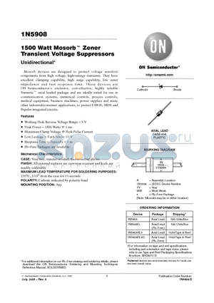 1N5908RL4G datasheet - 1500 Watt Mosorb TM Zener Transient Voltage Suppressors