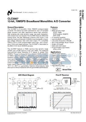 CLC5957 datasheet - 12-bit, 70MSPS Broadband Monolithic A/D Converter
