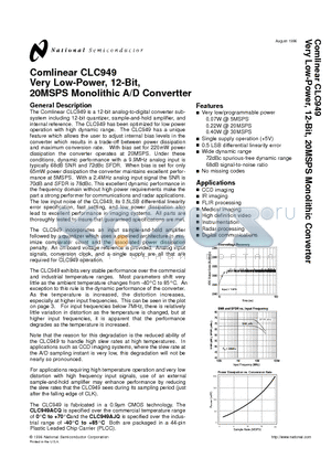 CLC949AJQ datasheet - Very Low-Power, 12-Bit, 20MSPS Monolithic A/D Convertter