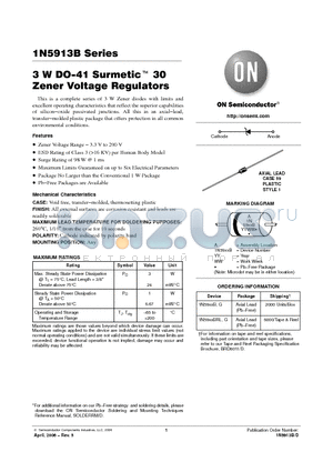 1N5913BRLG datasheet - 3 W DO−41 Surmetic TM 30 Zener Voltage Regulators