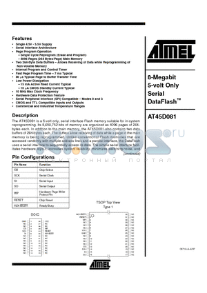 AT45D081-RI datasheet - 8-Megabit 5-volt Only Serial DataFlash
