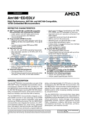 AM186ED-33VC/W datasheet - High Performance, 80C186- and 80C188-Compatible, 16-Bit Embedded Microcontrollers