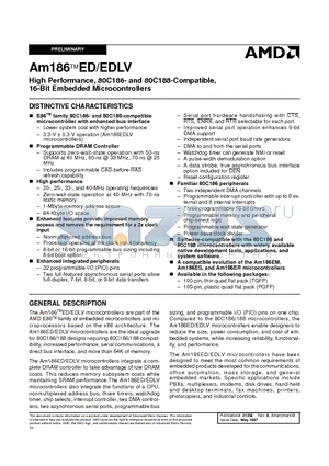AM186EDLV-40KI/W datasheet - High Performance, 80C186- and 80C188-Compatible, 16-Bit Embedded Microcontrollers