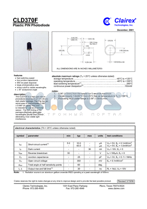 CLD370F datasheet - Plastic PIN Photodiode
