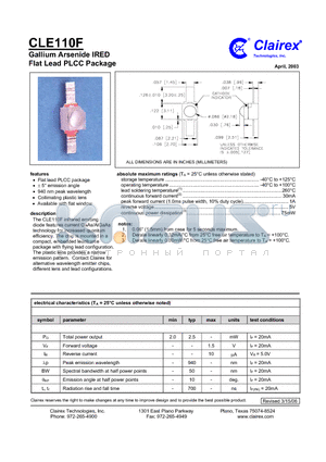 CLE110F datasheet - Gallium Arsenide IRED Flat Lead PLCC Package