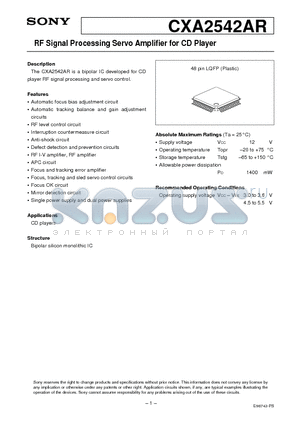 CXA2542AR datasheet - RF Signal Processing Servo Amplifier for CD Player