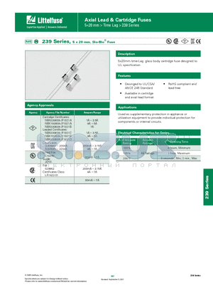 0239003.HXP datasheet - 239 Series, 5 x 20 mm, Slo-Blo^ Fuse