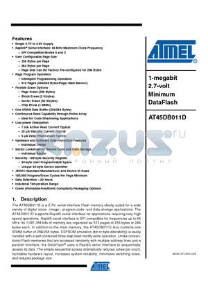 AT45DB011D-MH-SL955 datasheet - 1-megabit 2.7-volt Minimum DataFlash