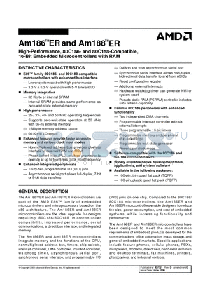 AM186ER-40KCW datasheet - High-Performance, 80C186- and 80C188-Compatible, 16-Bit Embedded Microcontrollers with RAM