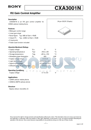 CXA3001N datasheet - RX Gain Control Amplifier
