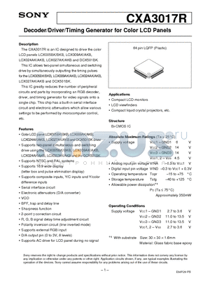 CXA3017R datasheet - Decoder/Driver/Timing Generator for Color LCD Panels