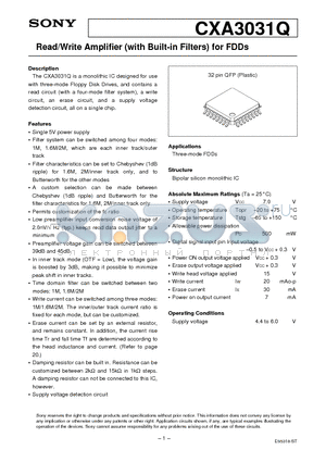 CXA3031Q datasheet - Read/Write Amplifier (with Built-in Filters) for FDDs