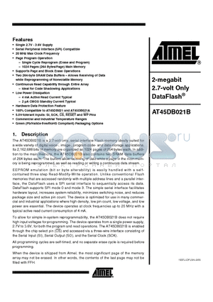 AT45DB021B datasheet - 2-megabit 2.7-volt Only DataFlash