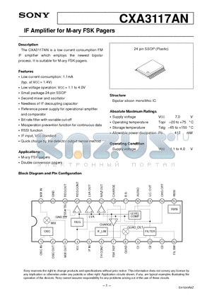 CXA3117 datasheet - IF Amplifier for M-ary FSK Pagers