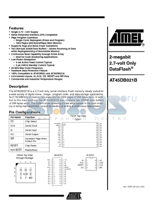 AT45DB021B-SI datasheet - 2-megabit 2.7-volt Only DataFlash