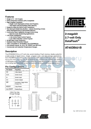 AT45DB021B-TC datasheet - 2-megabit 2.7-volt Only DataFlash