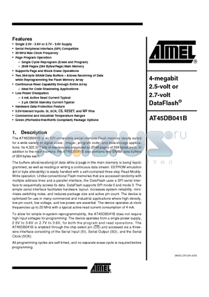 AT45DB041B datasheet - 4-megabit 2.5-volt or 2.7-volt DataFlash