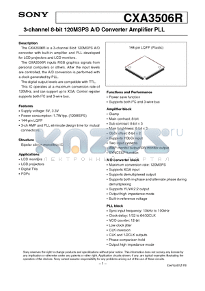 CXA3506R datasheet - 3-channel 8-bit 120MSPS A/D Converter Amplifier PLL