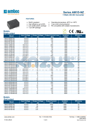 AM1D-0505D-NZ datasheet - 1 Watt | DC-DC Converter