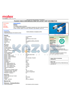 54334-2070 datasheet - CRC Shielded Rectangular I/O Receptacle Assembly Set, Wire-to-Wire/Panel Mount Female Terminal, Signal, 20 Circuits, Polarization Type Standard, Lead Free